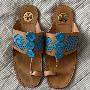 Tory Burch Tan all Leather Sandals with Bright Blue Embroidery